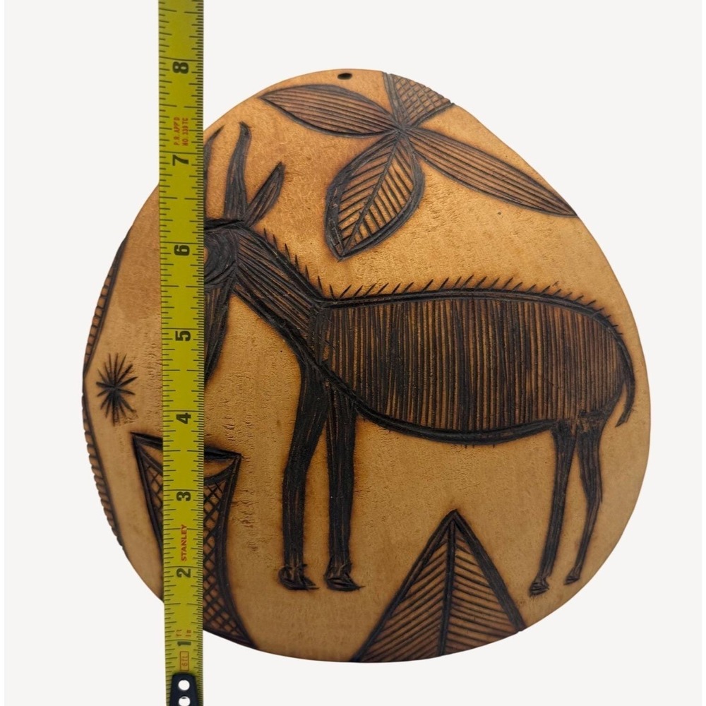 Hand Carved Peruvian Gourd Wall Art Pair Pyrography Fish Antelope Folk Decor - Picture 4 of 9